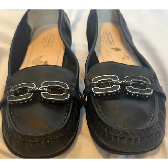 Coach Ella Black Leather Loafers Flats Size 8.5B Silver Buckle Logo Shoes A2020 - Picture 1 of 12
